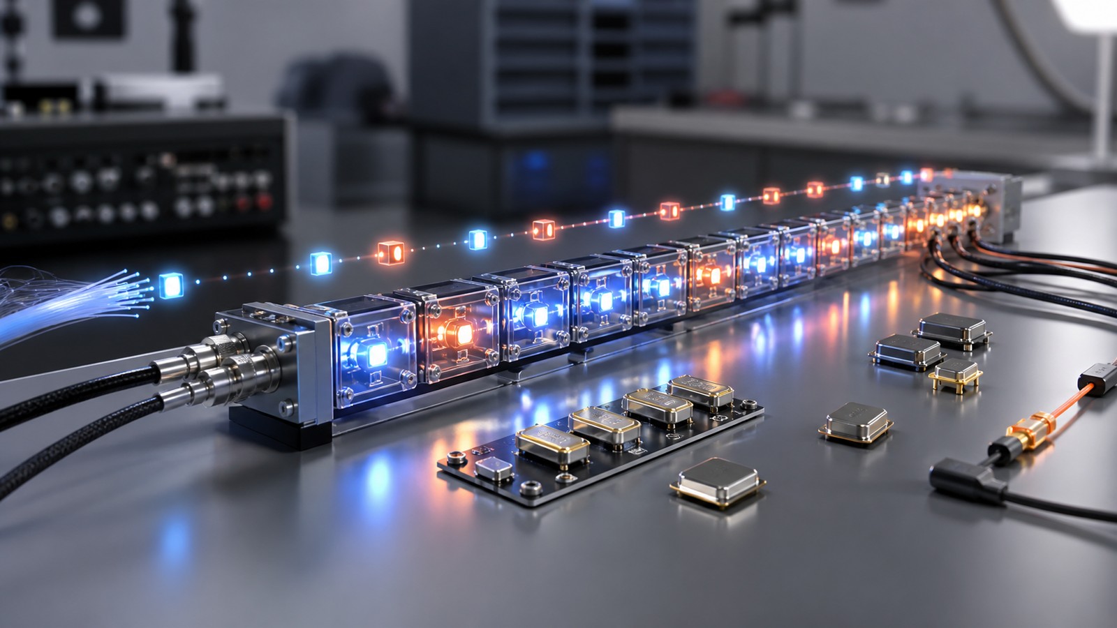 Editorial image of illuminated signal modules carrying synchronized pulses across a lab bench