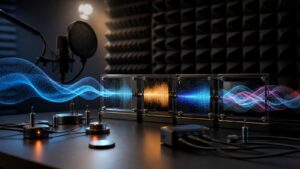 Editorial image of a studio microphone and glowing soundwave ribbons entering analysis modules