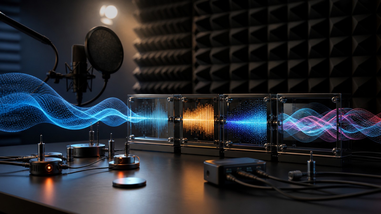 Editorial image of a studio microphone and glowing soundwave ribbons entering analysis modules